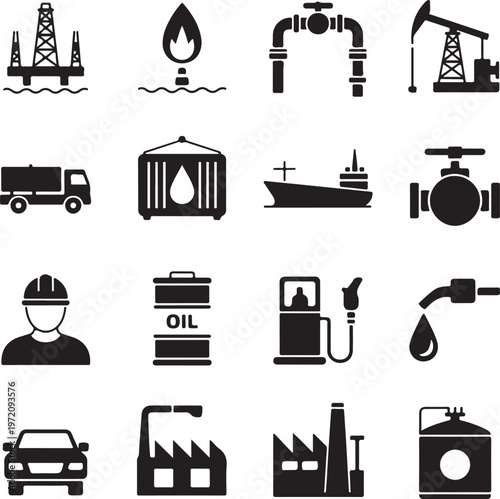 Iconic symbols representing the oil and gasoline industry and its applications