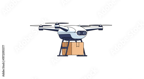 Modern delivery drone concept featuring a white hexacopter carrying a brown cardboard package for rapid automated shipping services.