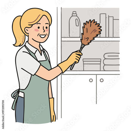 Woman cleaning a dusty shelf with a duster in her hand indoors.