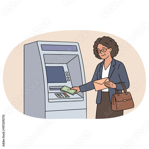 Woman withdraws money from an ATM machine in a city.