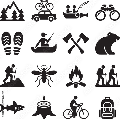 Iconic representations of outdoor and adventure activities and elements