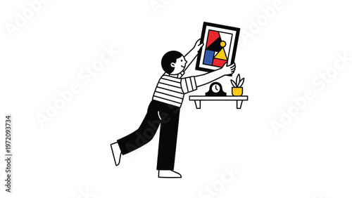 Person hanging abstract art on wall above shelf, home decoration project, minimalist flat illustration
