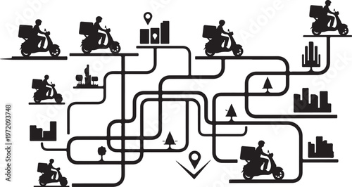 Delivery Riders Navigating Through City Routes and Landmarks Silhouette