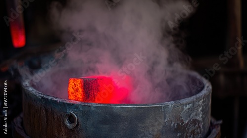 blacksmith. A blacksmith quenching a glowing sword blade in water. safety posters, maintenance manuals, designed for precision metalworking and fabrication facilities, improves efficiency.