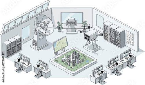 Isometric Smart City Control Center Illustration with Satellite Dish, Drone Station, and Network Monitoring Room Operators
