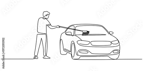 A single continuous line drawing of a person cleaning the windshield of a car with a long brush Vector, illustration