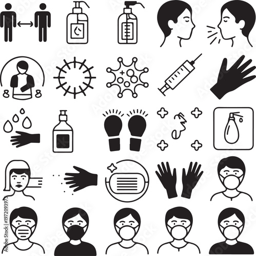 Illustrations of health precautions and protective measures against infectious diseases