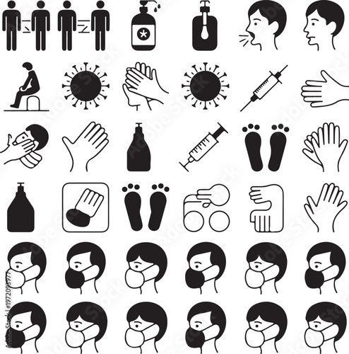 Illustrations of public health measures and symptoms related to contagious diseases