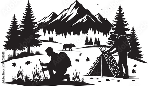 Camping in the mountains with friends and a tent