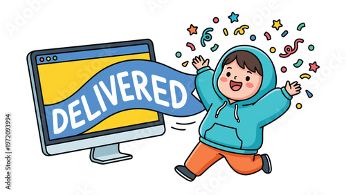 Happy child celebrating successful online delivery with 'DELIVERED' banner from computer. Digital order fulfillment joy.