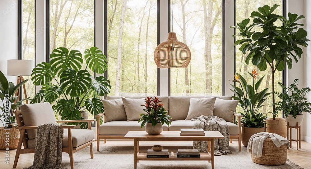 Fototapeta premium Bright and airy living room decorated with indoor plants