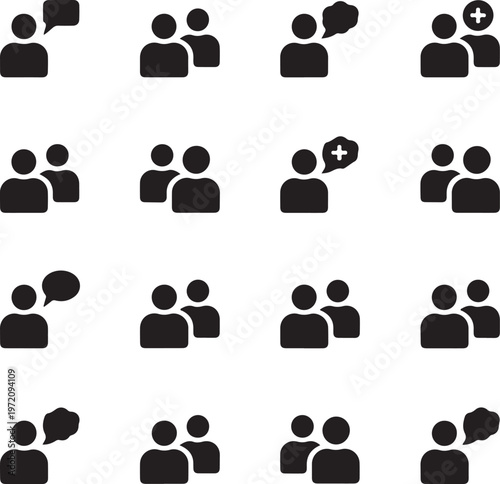 Collection of icons depicting various social interaction scenarios and group dynamics