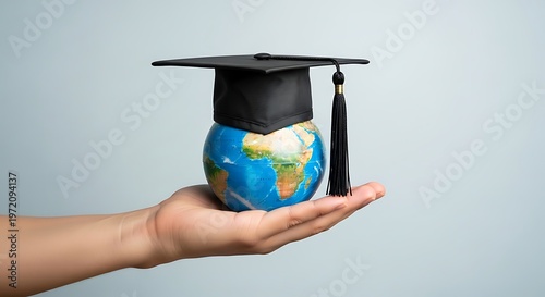 Hand holding a globe topped with a graduation cap, symbolizing global education and academic achievement
