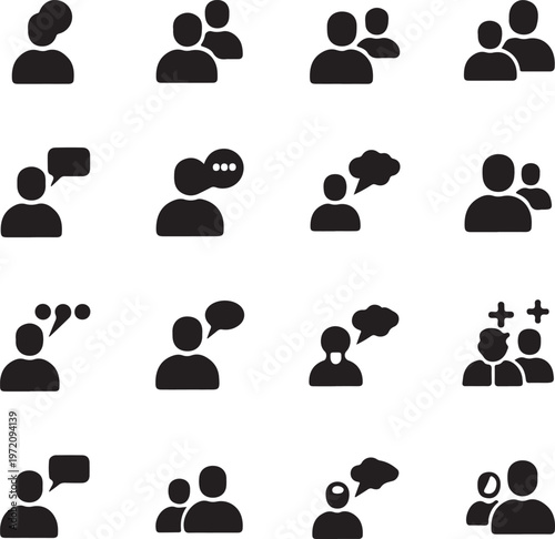 Collection of icons depicting various communication and social interaction scenarios