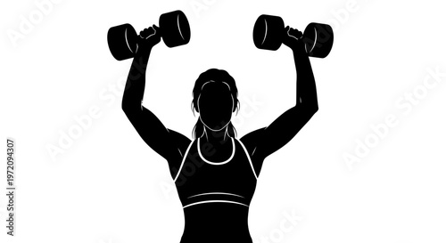 Silhouette of a strong woman performing an overhead dumbbell press exercise, showcasing fitness and strength training.
