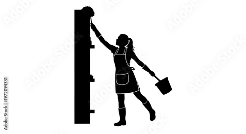 Silhouette of a woman in an apron and boots, holding a bucket and reaching up to clean a tall surface, depicting household chores.