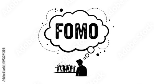 Silhouette of a man feeling the Fear Of Missing Out (FOMO) while looking at a cheering crowd.