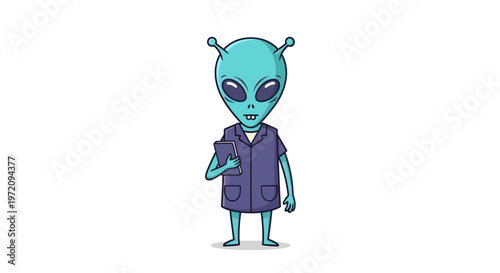 Cartoon Alien Character Holding a Tablet, Sci-Fi Concept