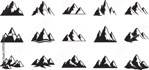 Collection of various mountain range silhouettes in black and white