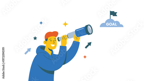 Visionary man with telescope aiming for a future goal. Business strategy, ambition, and success planning concept illustration.