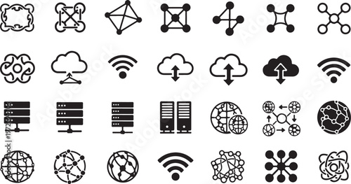 Black and white icons of technology and networking symbols