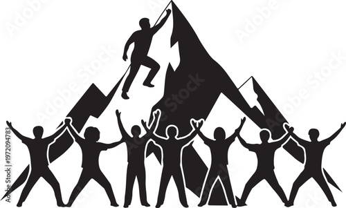 Teamwork and success concept with people climbing mountain together