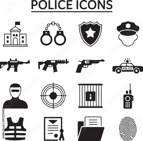 Collection of icons representing various police and law enforcement symbols
