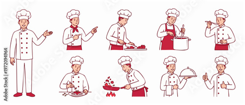Chef Cooking Process Set, Vector Line Art - Various Poses. Chef Hat, Chef Uniform, Kitchen, Preparing Food, Presentation, Tasting Food. Multiple actions of cooking and preparing food in vector format.