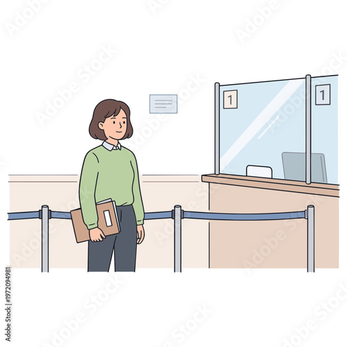 Woman stands waiting in line at office counter with barrier