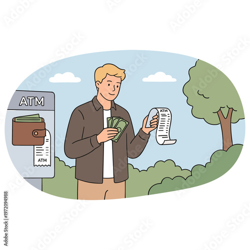 Man withdraws cash from outdoor ATM and checks receipt near tree