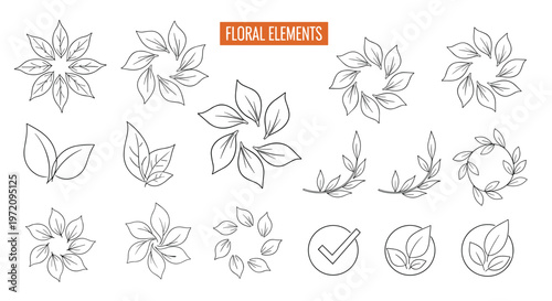 Large collection of hand drawn floral elements leaves wreaths and icons for eco friendly branding and decorative design projects.