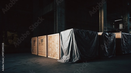 tarpaulin. Dimly lit dock warehouse with wooden crates under a tarp. safety posters, maintenance manuals, designed for precision metalworking and fabrication facilities, clarifies operation.