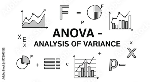 ANOVA - Analysis of Variance concept illustration. Vector line art featuring statistical charts, pie graphs, and mathematical formulas. Educational infographic for data science, research methodology.
