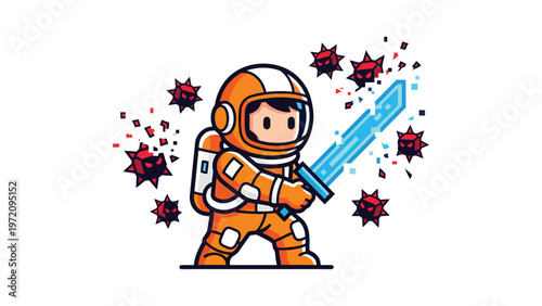 Cute astronaut hero in orange suit fighting red viruses with glowing blue sword. Space protection concept.