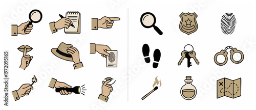 Detective Investigation Icons: Magnifying Glass, Fingerprint, Handcuffs - Crime Scene, Secret Clues. Mystery Solving Tools and Symbols, Isolated on White Background, Vector Illustration
