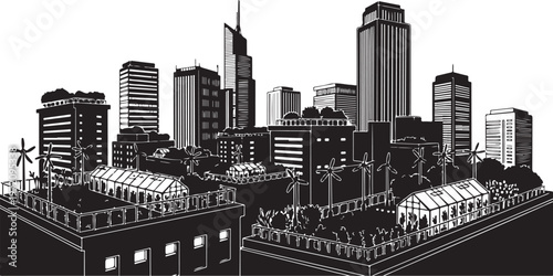 Black and white cityscape with modern skyscrapers and buildings