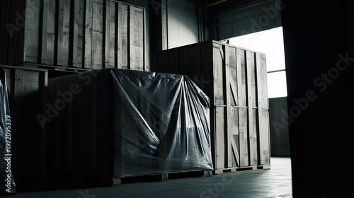 tarpaulin. Dimly lit dock warehouse with wooden crates under a tarp. safety posters, maintenance manuals, designed for precision metalworking and fabrication facilities, clarifies operation.