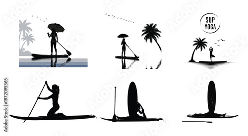 Silhouette Collection of Stand Up Paddle Yoga and Fitness Vector