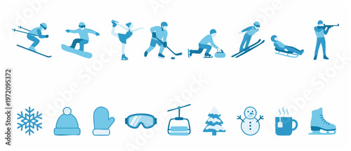 Winter Sports Icons: Skiing, Snowboarding, Skating and More, Winter Activities Set on White Background. Sports, Recreation and Holiday Fun. Vector Illustration - Minimal Design