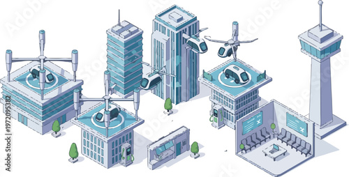 Isometric Futuristic Smart City with Flying Taxi Drones and Urban Air Mobility Infrastructure