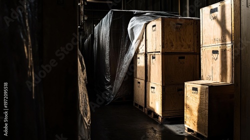 tarpaulin. Dimly lit dock warehouse with wooden crates under a tarp. safety posters, maintenance manuals, designed for precision metalworking and fabrication facilities, clarifies operation.