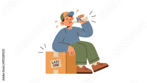 Thirsty man taking a break, drinking from a bottle while sitting on a "LAST ONE" cardboard box
