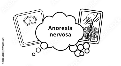 Anorexia nervosa concept illustration. Vector line art of a weighing scale, thinking bubble, and a thin skeleton reflection. Metaphor for eating disorders, body dysmorphia, and mental health struggles