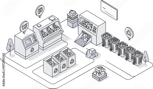 Isometric Line Art Illustration of Modern Recycling Center and Waste Management Facility for Sustainable Circular Economy Concept