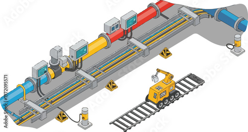 Isometric Technical Illustration of Underground Utility Tunnel with Industrial Pipes, Cable Trays, and Automated Maintenance Robot for Infrastructure Management