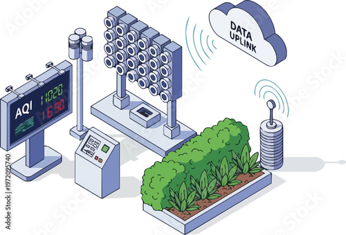Isometric Smart City Air Quality Monitoring Station with AQI Display and Cloud Data Uplink for Environmental IoT Management