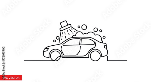 Minimalist Car Wash Icon: Sedan Being Cleaned with Shower and Bubbles