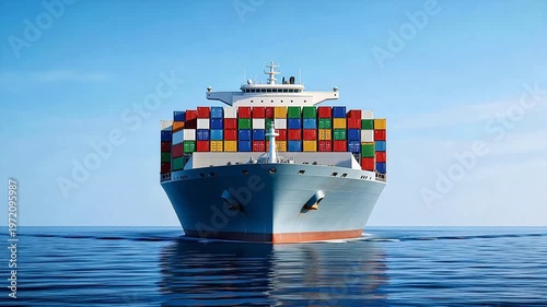 Large container ship sailing on calm blue ocean under clear sky, fully loaded with colorful shipping containers — global trade and maritime logistics concept