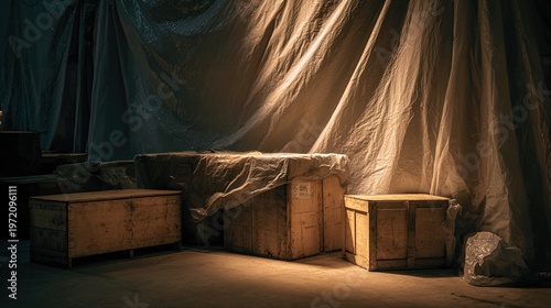 tarpaulin. Dimly lit dock warehouse with wooden crates under a tarp. safety posters, maintenance manuals, designed for precision metalworking and fabrication facilities, clarifies operation.