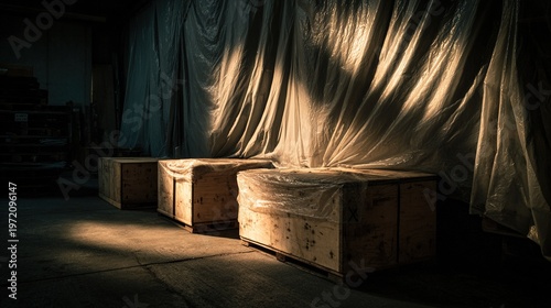 tarpaulin. Dimly lit dock warehouse with wooden crates under a tarp. safety posters, maintenance manuals, designed for precision metalworking and fabrication facilities, clarifies operation.